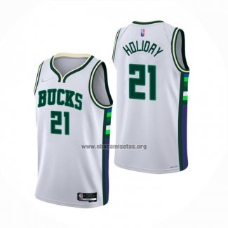 Camiseta Milwaukee Bucks Jrue Holiday NO 21 Ciudad 2021-22 Blanco